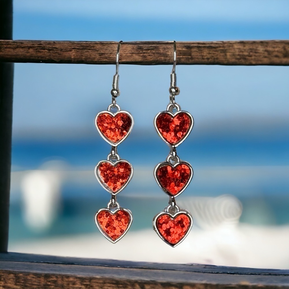 Red Heart Trio Glittery Red & Silver Dangle Earrings Valentine’s Day Nwt